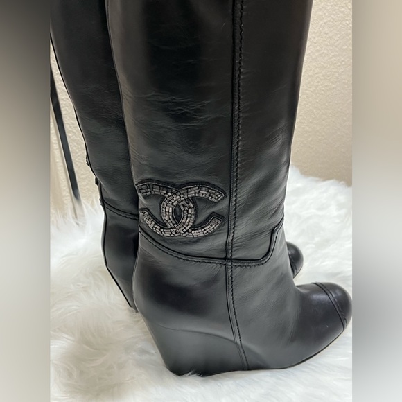 Chanel Leather CC Crystal Embellished Black Wedge Heels Calf Boots - Picture 1 of 14